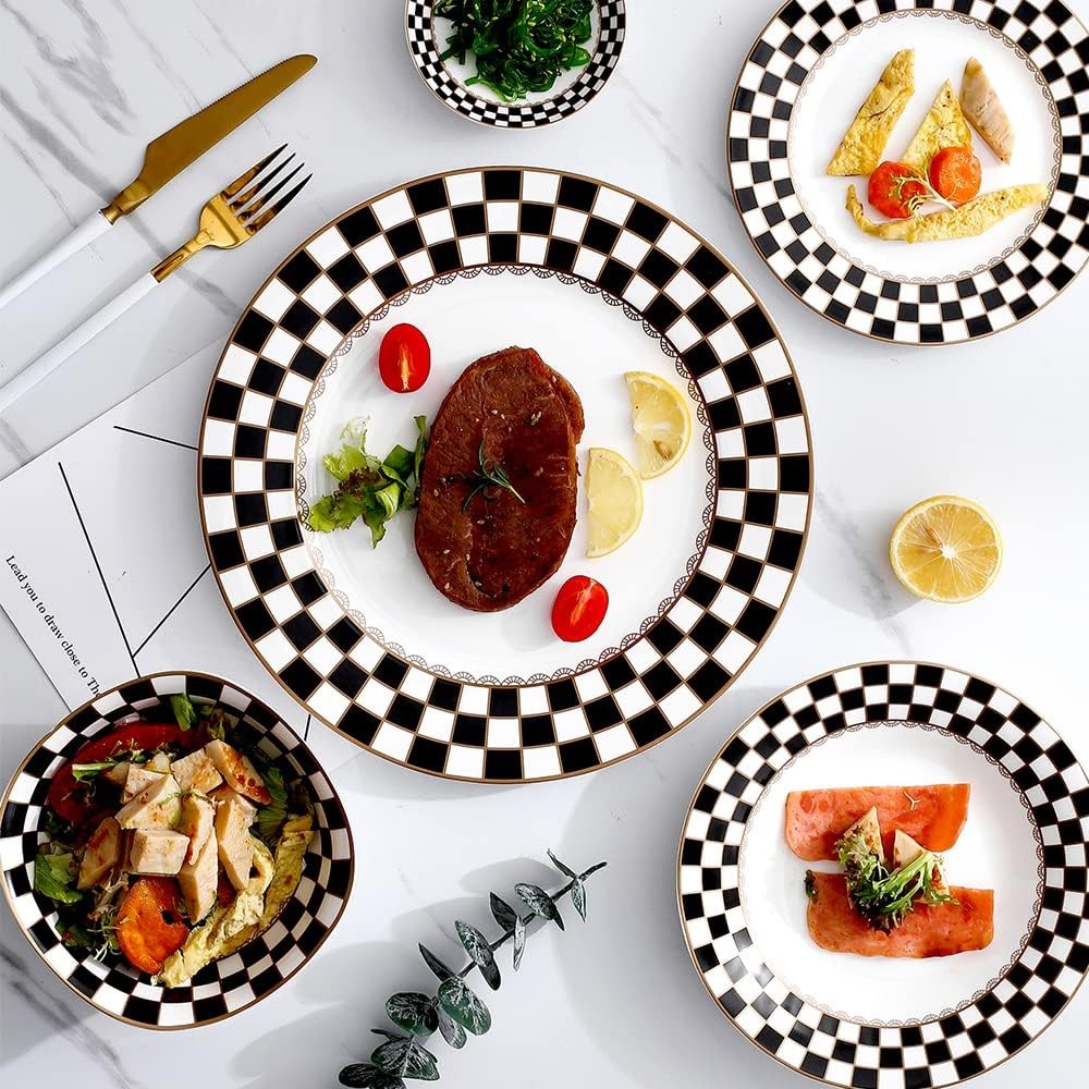 Porlien Checker Pattern 20-piece Round Dinnerware Set for 4, Black/White