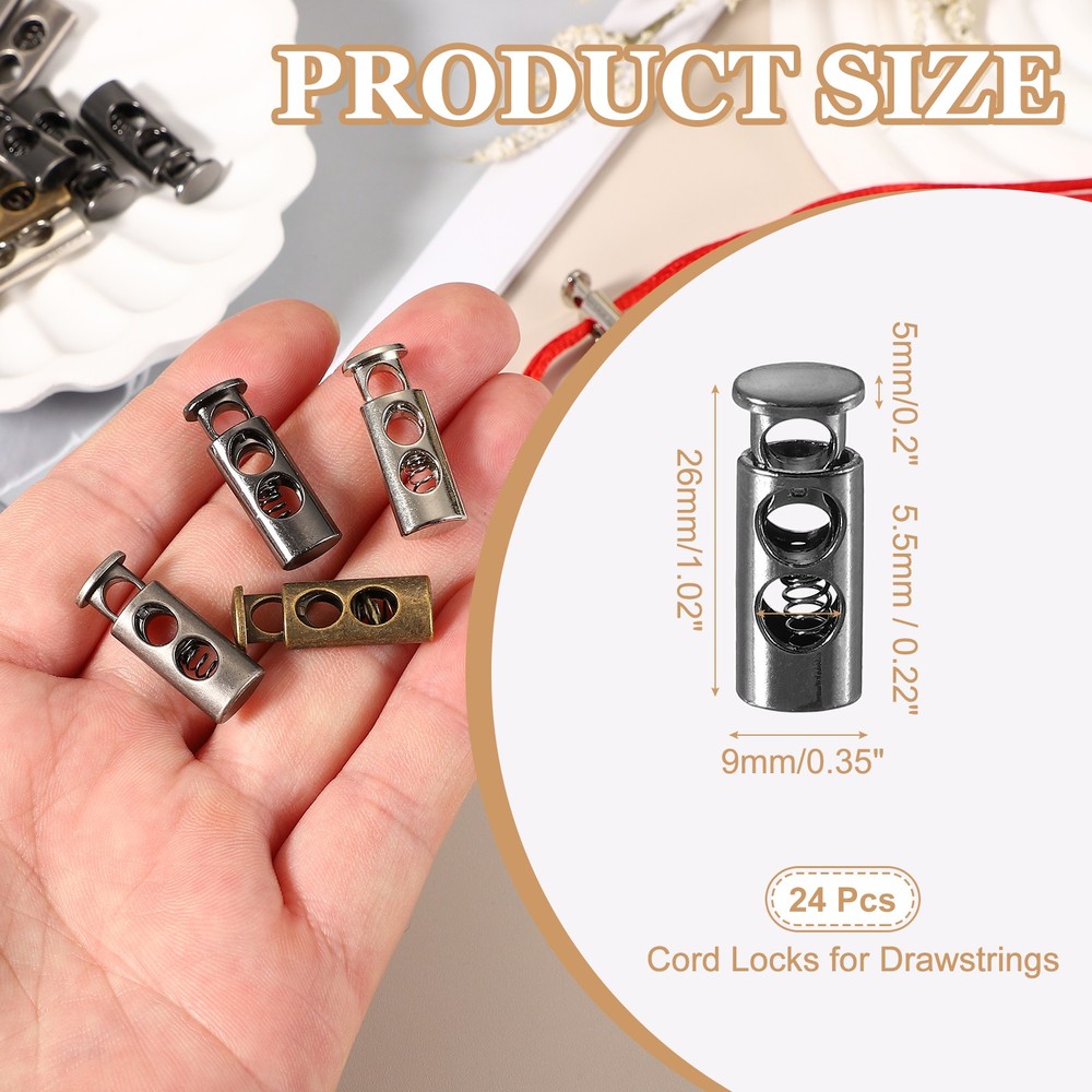 Metal Cord Locks, Double Hole Draw String Spring Stopper 24 Pcs & Light Black