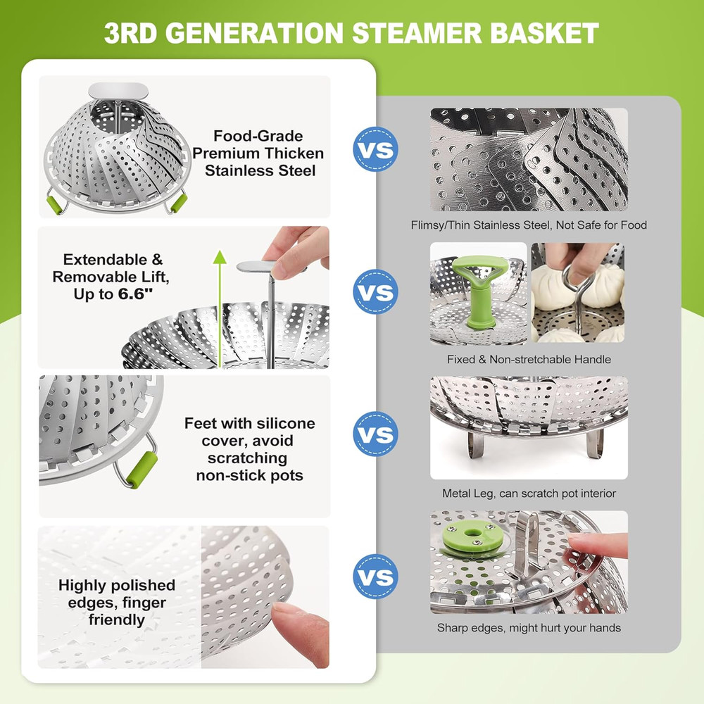 Steamer Basket, 3Rd Generation Stainless Steel Vegetable Steamer with Extendable