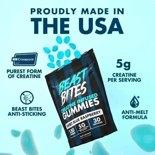 Beast Bites Creatine Infused Gummies, Blue Raspberry, 150 Servings