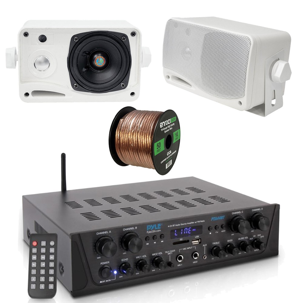 Pyle Bluetooth Stereo Amplifier, 2x 3.5" Box Speakers (White),Wire - Bundle