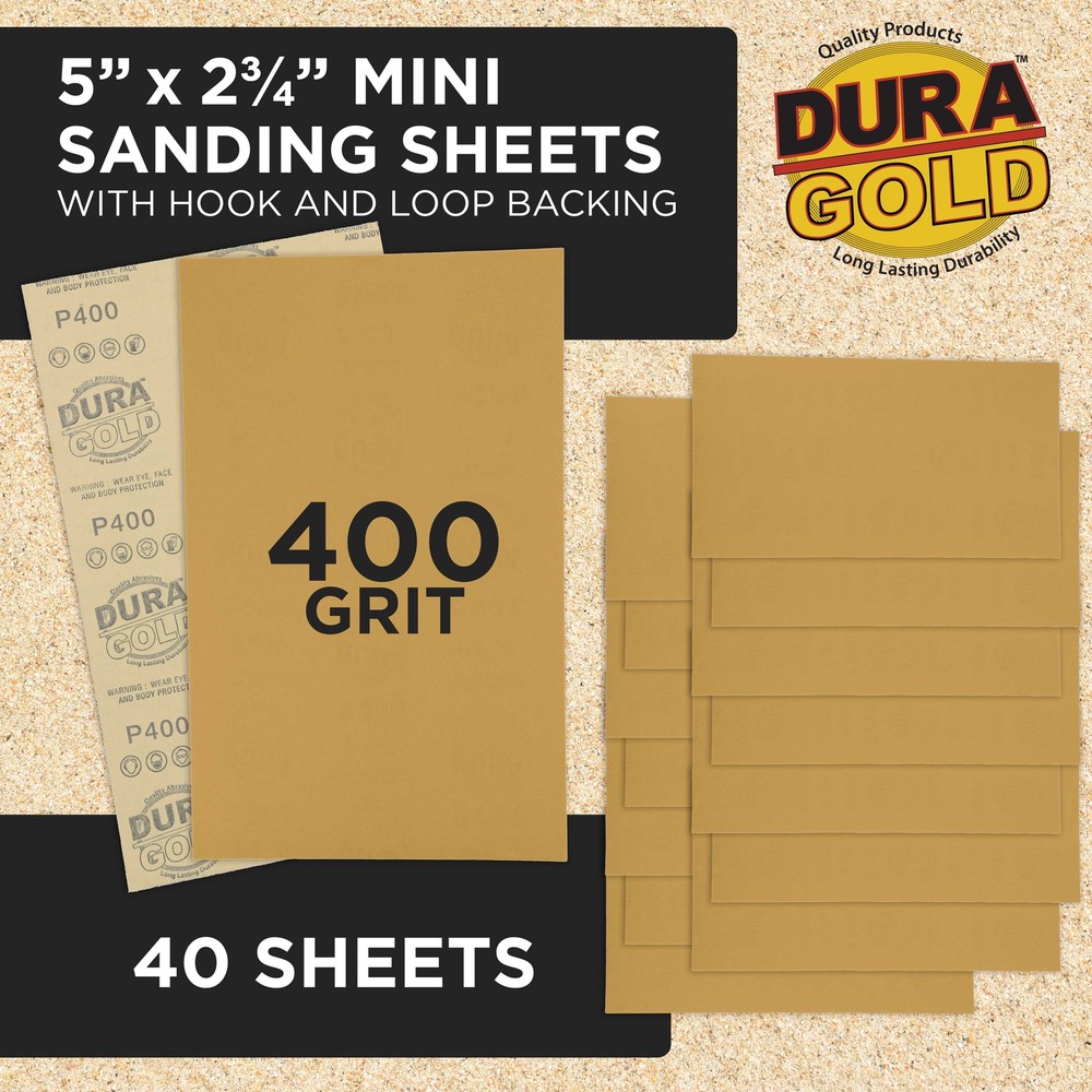 5" x 2.75" Sandpaper Sheets, 400 Grit - 40 Hook & Loop Sheets - Hand Sanding