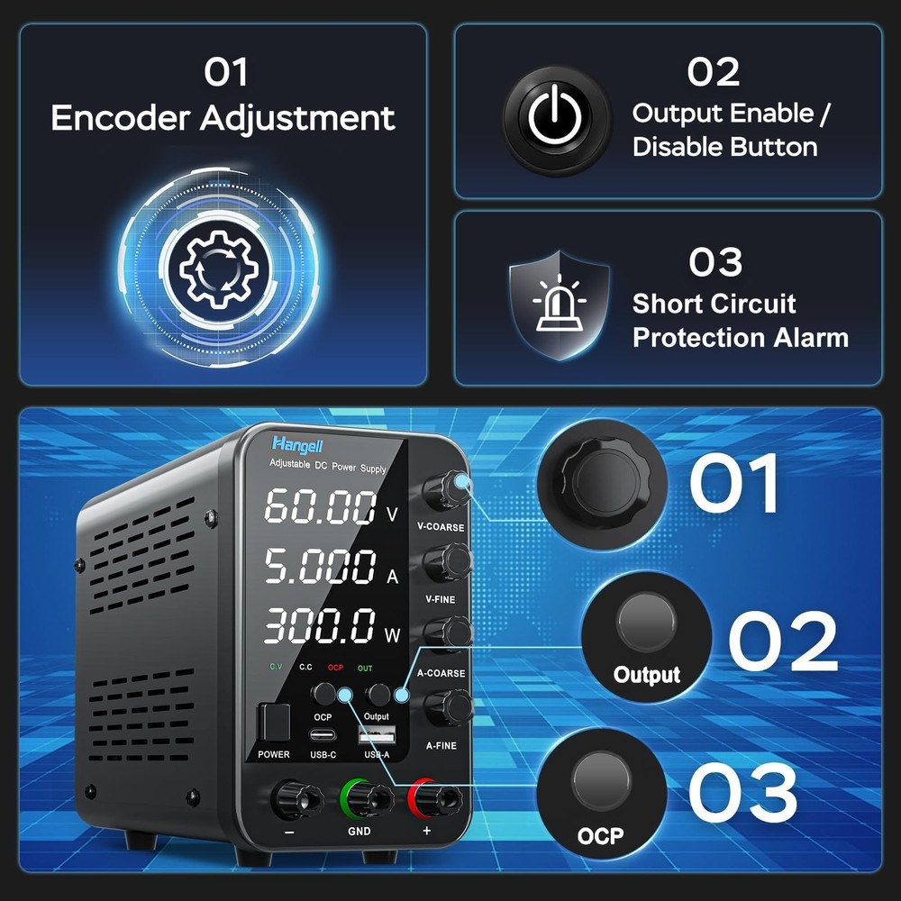 DC Power Supply Variable, 60V 5A Bench Power Supply with Encoder Coarse & Fin...
