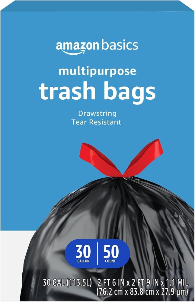 Amazon Basics Multipurpose Drawstring Trash Bags, 30 Gallon Capacity, Tear Resis