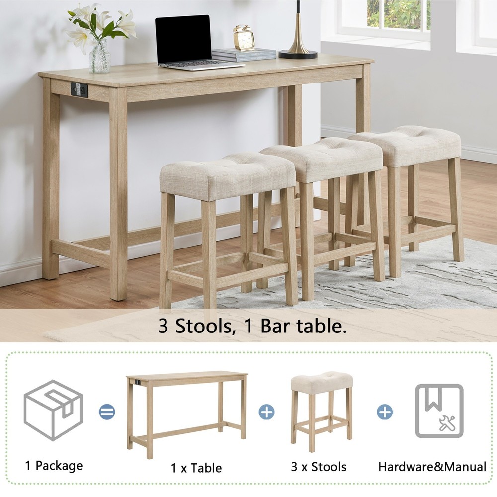 4 Piece Bar Table Set Counter Height Kitchen Dining Table w/ 3 Saddle Bar Stools