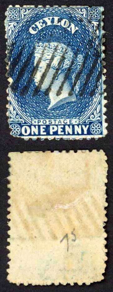 Ceylon SG63b 1d Deep Blue Wmk Crown CC Used