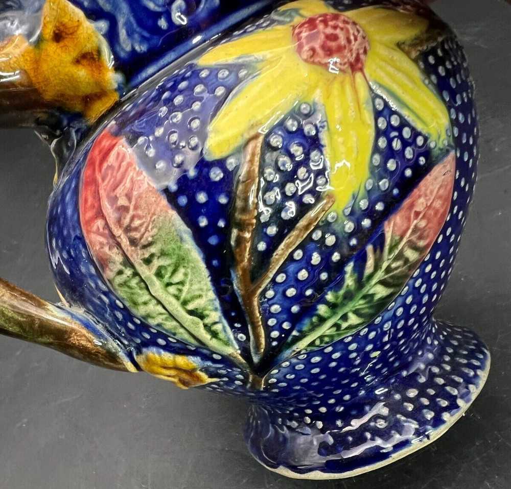 Majolica Cobalt Dragon Handle Flower Pitcher