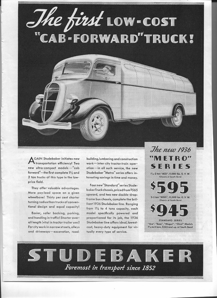 Original 1936 Studebaker Cab Forward Truck vintage ad, 1st low-cost cab forward
