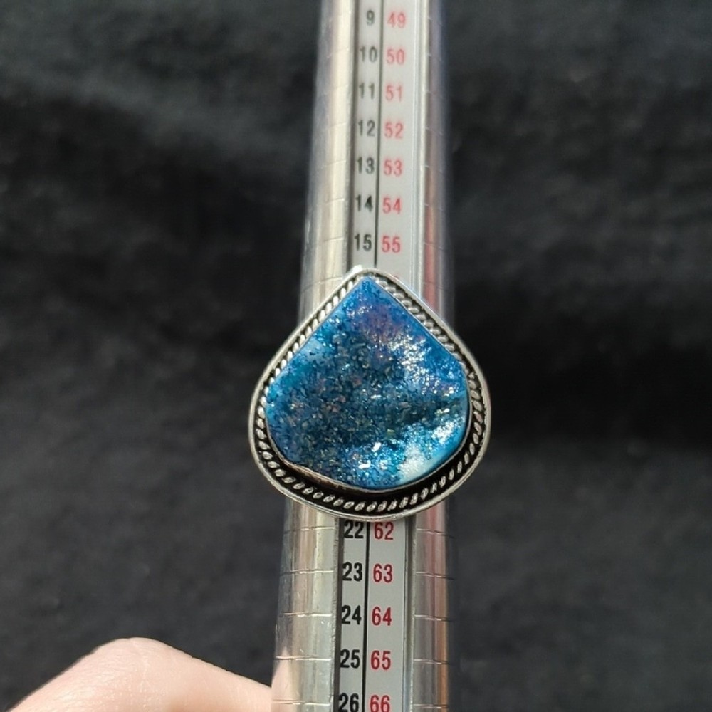 Silver Plated Blue Agate Druzy Gemstone Teardrop Statement Ring - Size 9