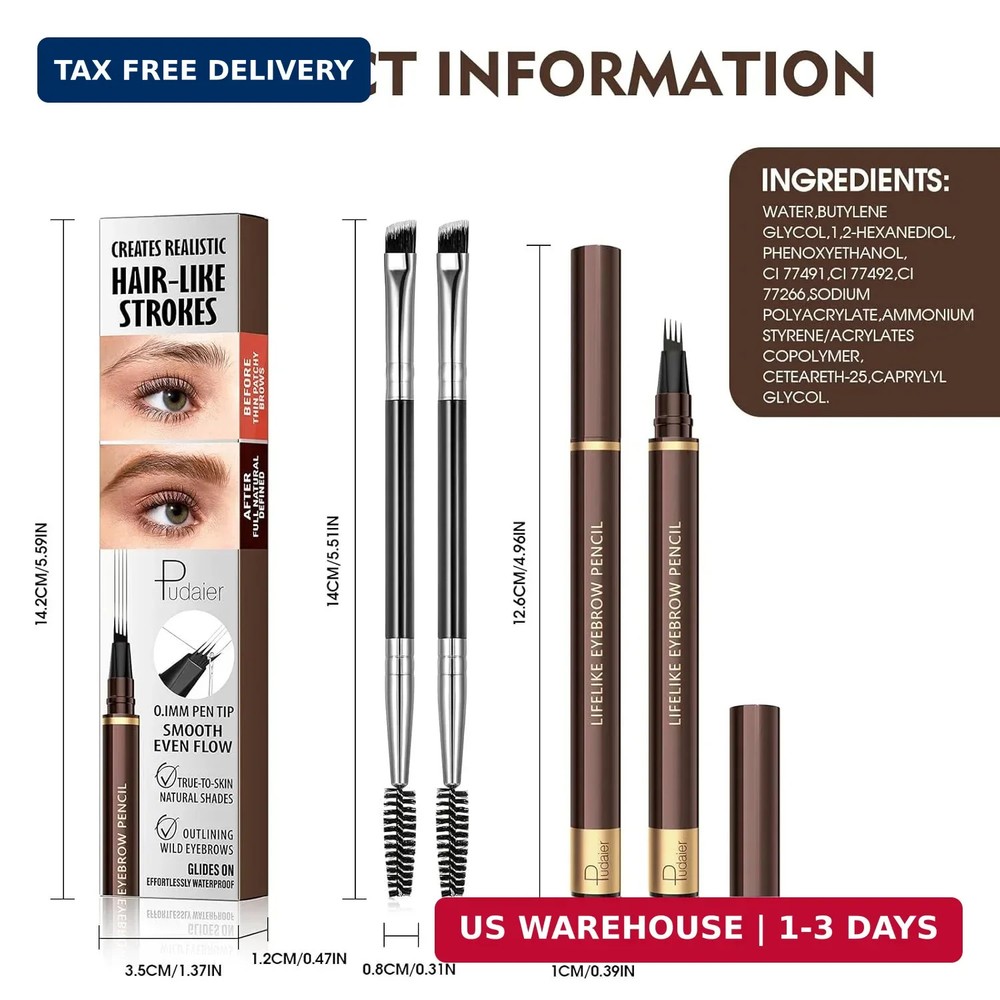2 Pack 4-Tip Microblading Eyebrow Pen with 2 Brow Brushes, Waterproof Vegan Form