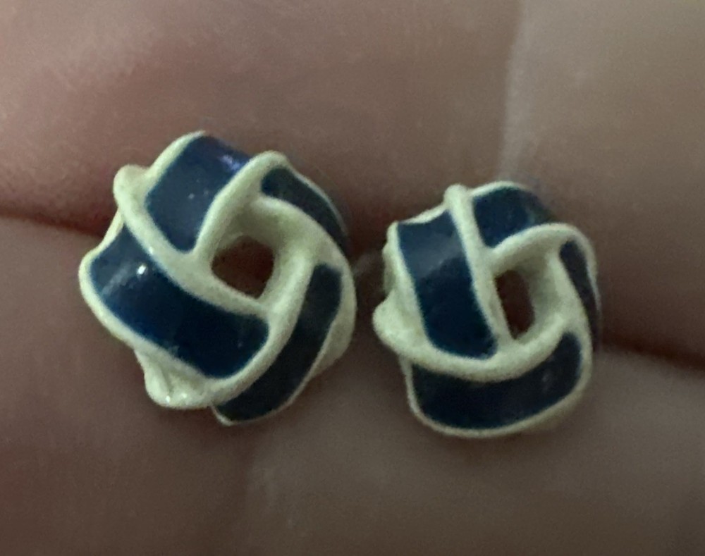 Vintage Blue & White Enamel Love Knot Stud Earrings Post Back