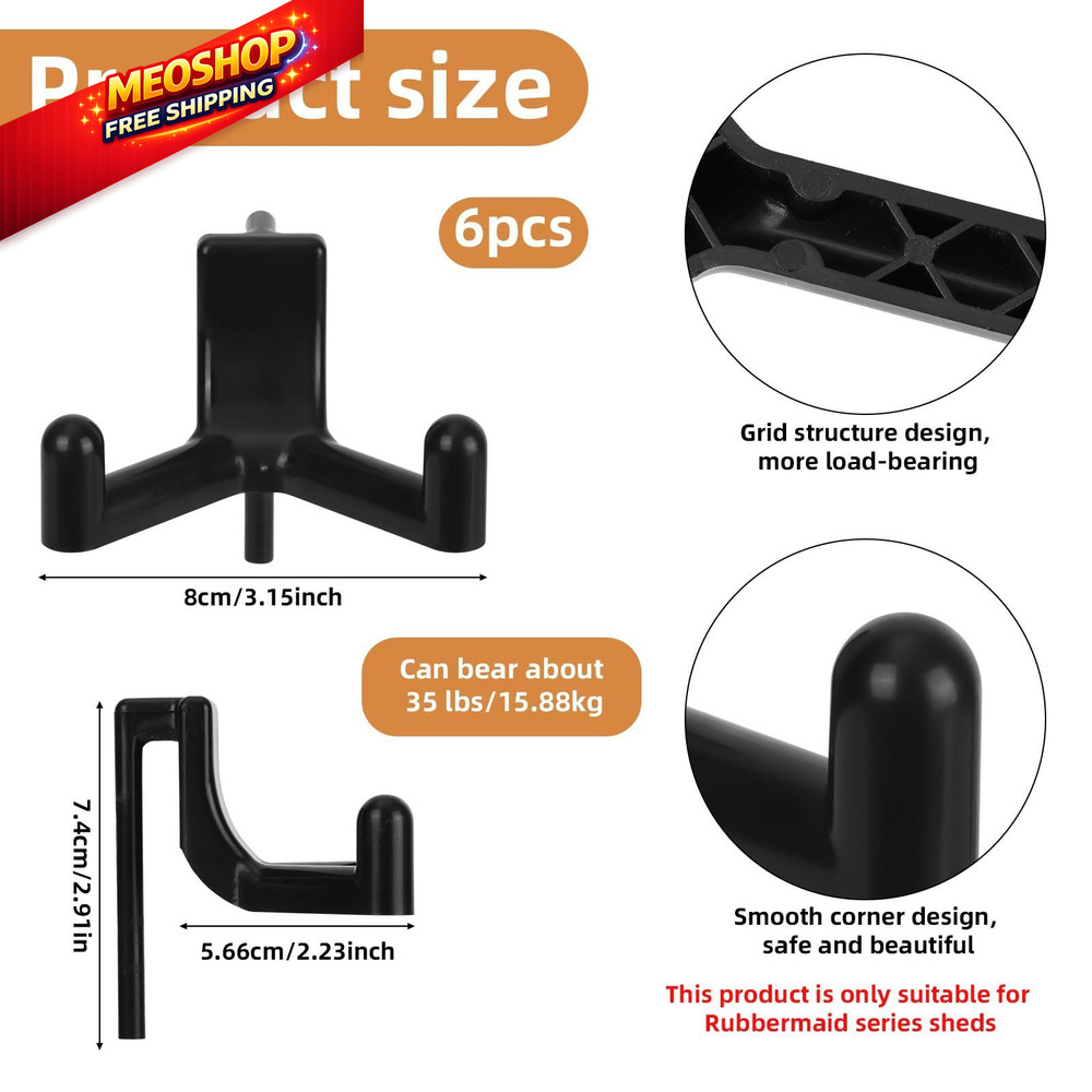 6pcs Shed Hooks for Rubbermaid Fasttrack, Plastic Multi Purpose Black
