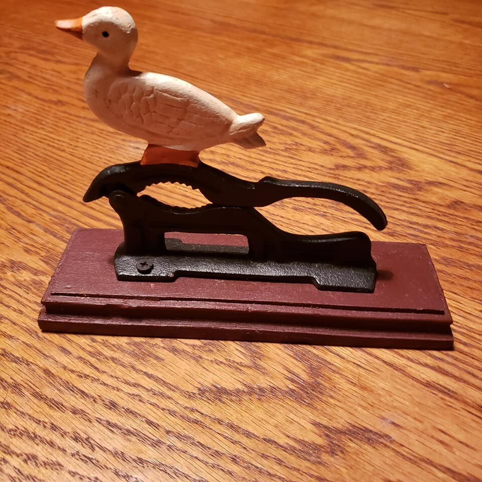 Vintage Cast Iron Duck Nutcracker With Wood Base Rustic Country Decor