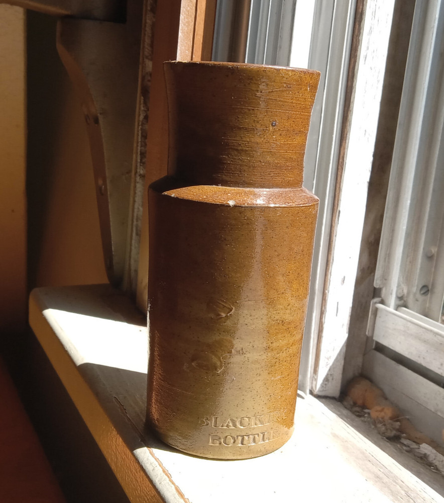 1870s BLACKING BOTTLE EMBOSSED STONEWARE WIDE MOUTH BOOT BLACKING BOTTLE