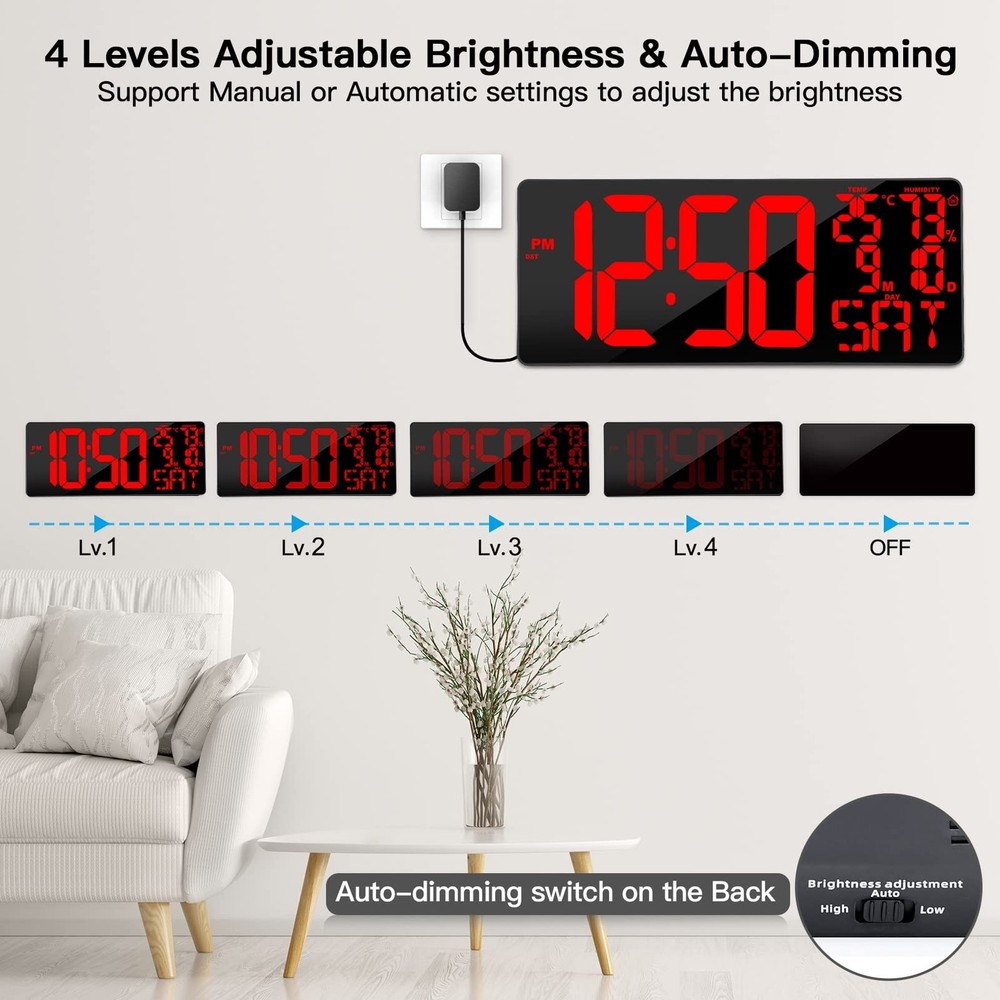 [Oversized] 18" Large Digital Wall Clock with Remote Control, Auto-Dimming Di...