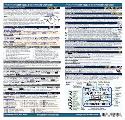 CheatSheet for Canon Speedlight 600EX II RT Laminated Pocket Guide