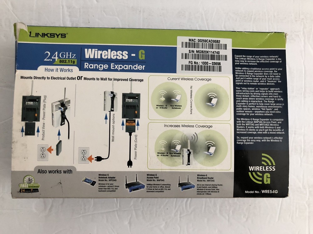 Linksys Wireless-G Range Expander Model WRE54G Open Box