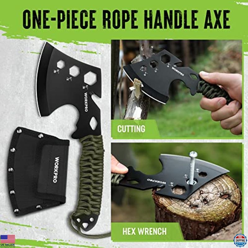WORKPRO Camping Tool Set: Hatchet, Machete, Fixed Blade Knives, Headlamp & Flint