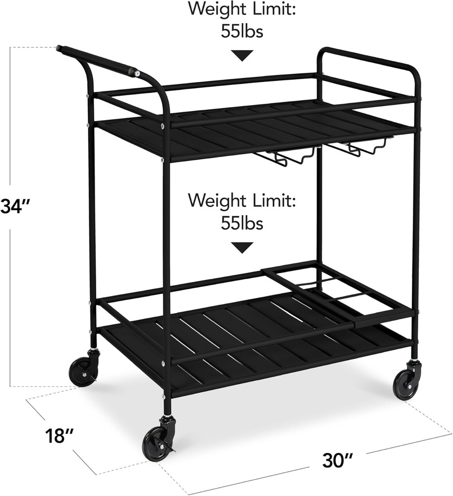 Stylish Rolling Bar Cart with Wine Rack & Lockable Wheels - Black