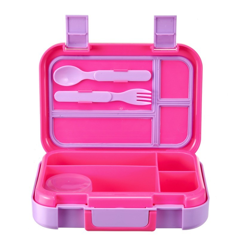 Pink Plastic Bento Box with 4 Compartments Includes Fork Spoon and Dressing