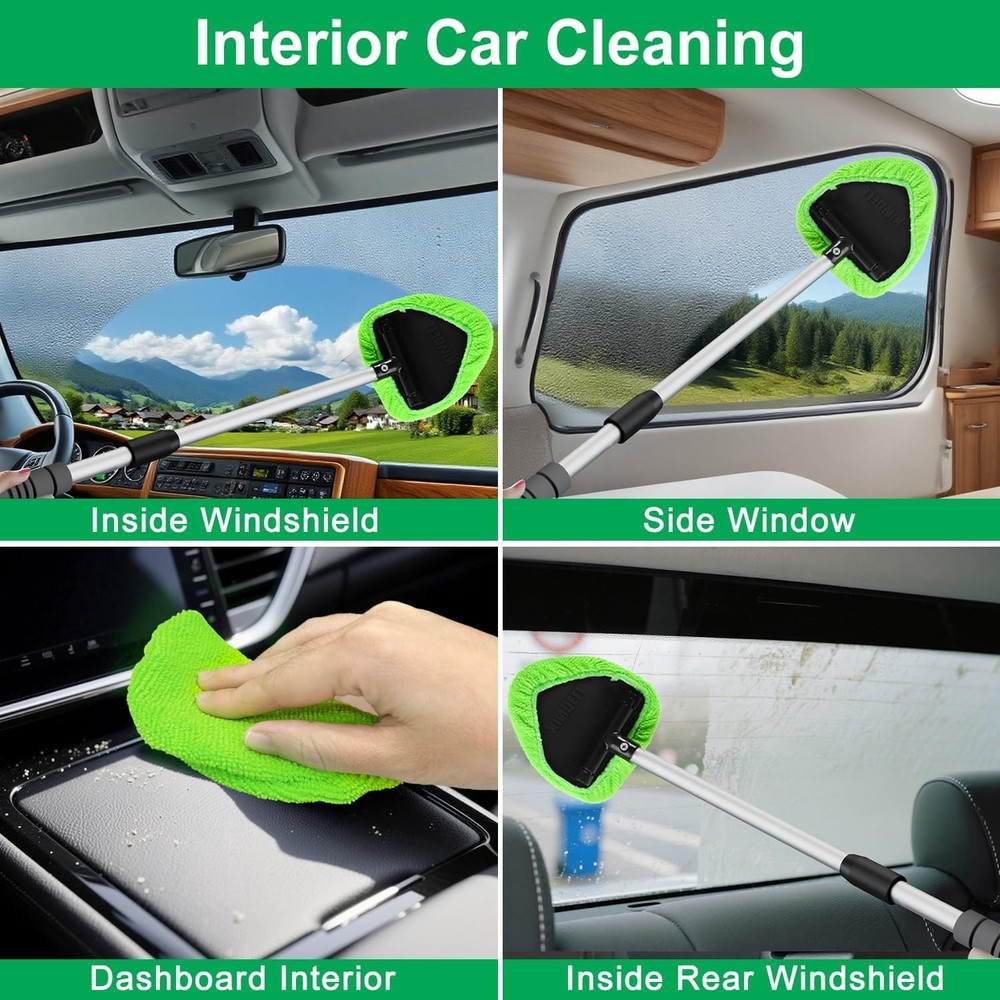 Portable Windshield Cleaner Tool with Extended Long Handle & 4 Microfiber Pads