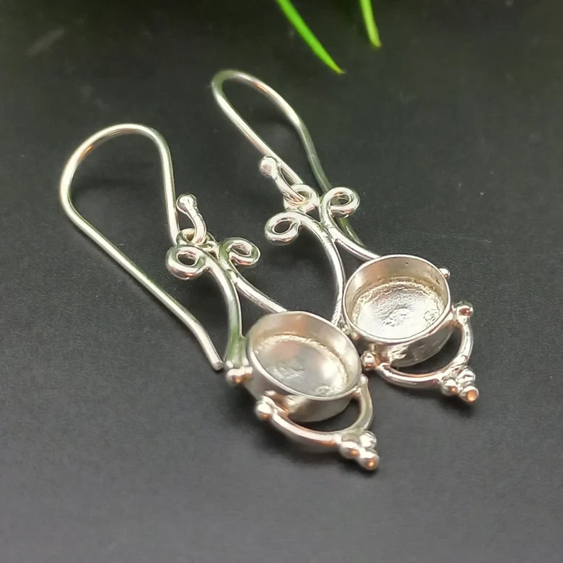 925 Sterling Silver 10mm Round Bezel Hook Dangle Earring Setting Jewelry Making