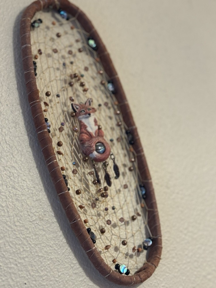Handmade Fox Dreamcatcher Wall Hanging Abalone Copper Beads Boho Decor