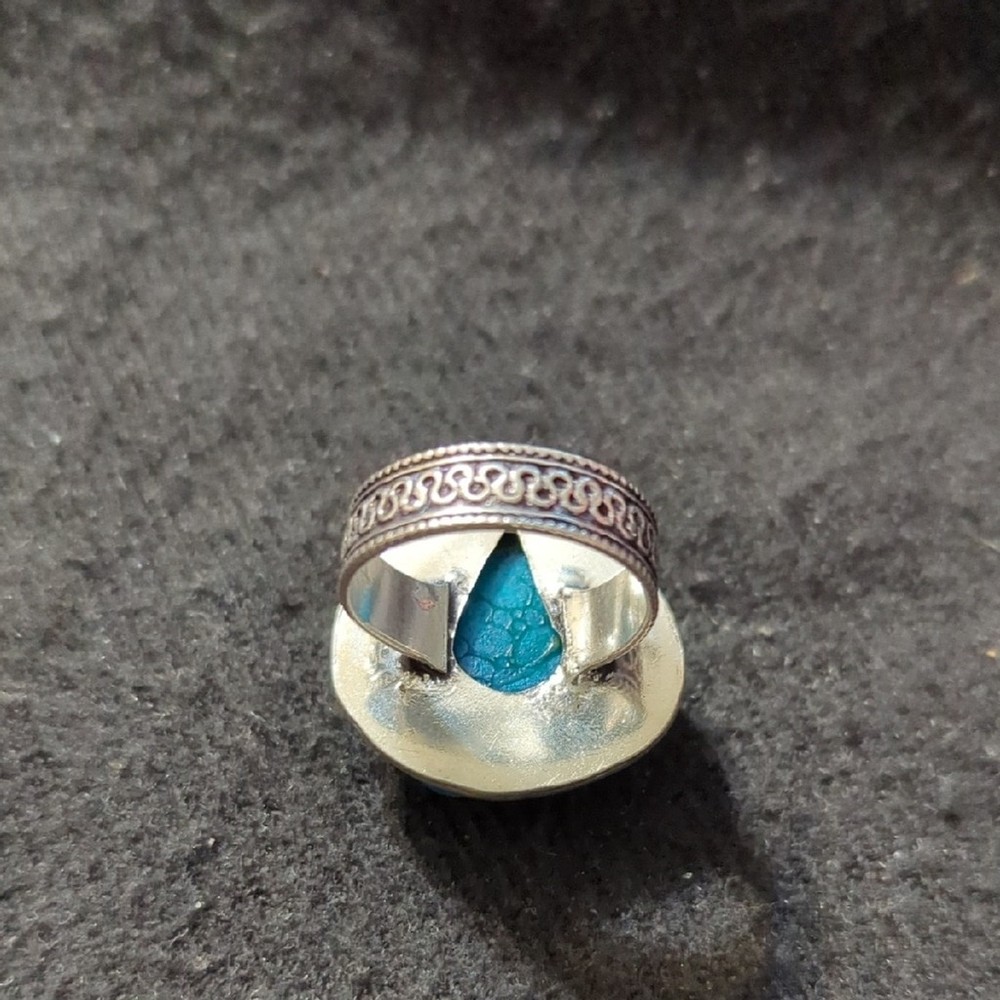 Silver Plated Blue Agate Druzy Gemstone Teardrop Statement Ring - Size 9