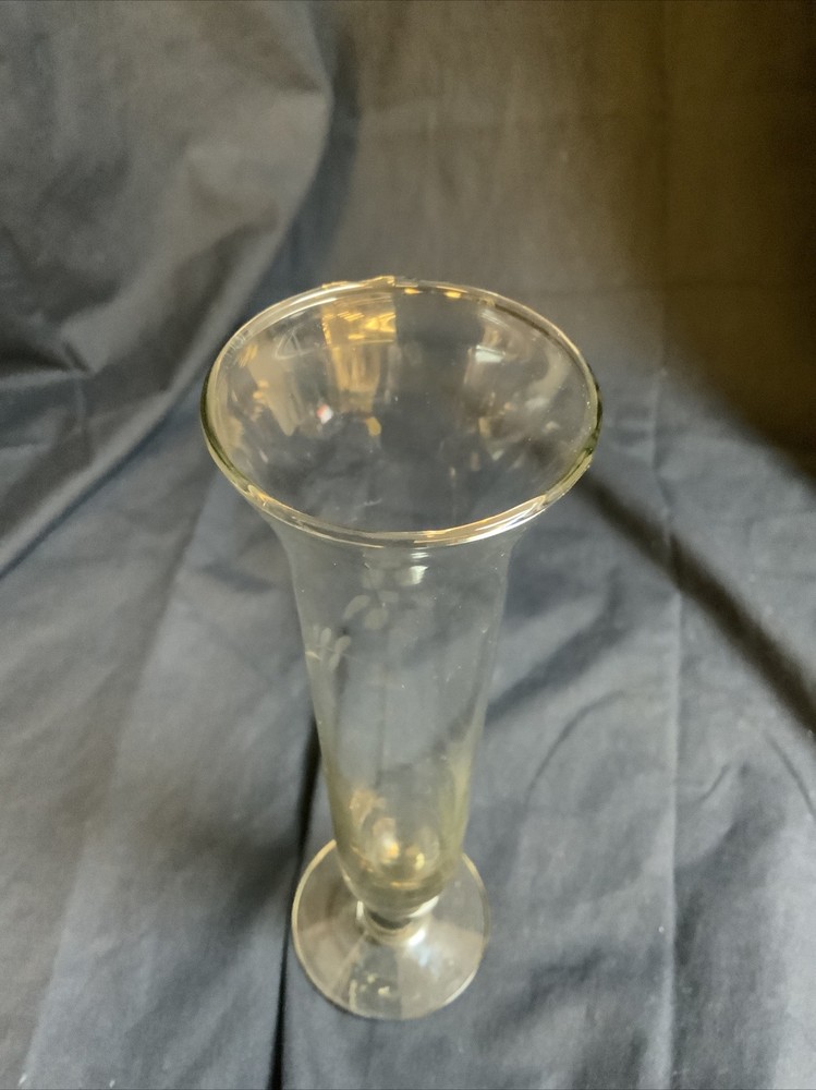Clear Glass Bud Vase Etched Design 8”