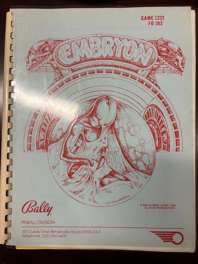 ORIGINAL-BALLY-EMBRYON-INTSTALLATION & OPERATIONS INSTRUCTIONS WITH SCHEMATICS