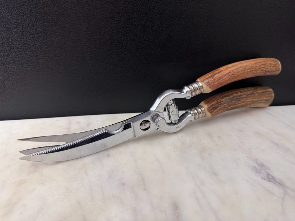 Custom German Stainless Kitchen Poultry Shears Stag Handle, Fork Tip, Take-Apart