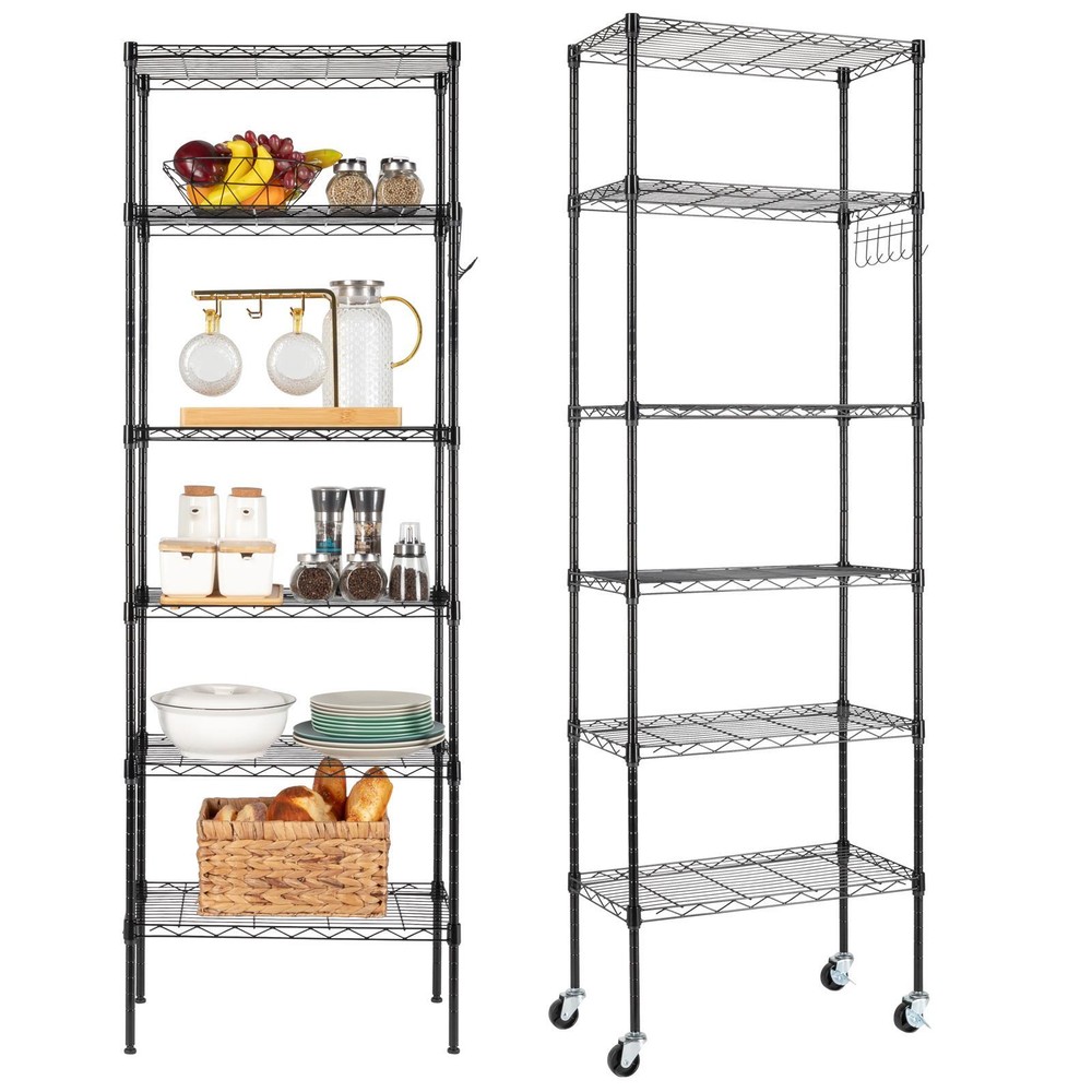 65" Adjustable Rolling Storage Shelf Rack 6-Tier Wire Unit with Hanging Hooks