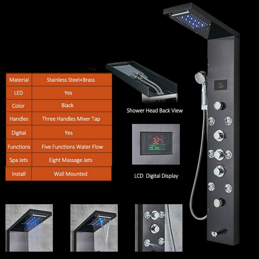 LED Brushed Black Shower Panel Tower System Spray Jet Tap Massage