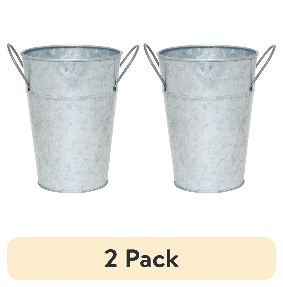 (2 pack Metal Bucket Planter 7'' High Solid Print Gray