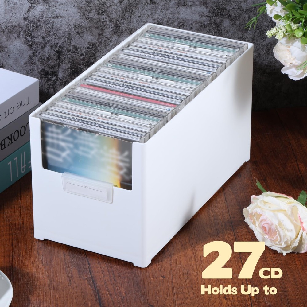 CD Storage Box, Plastic Stackable CD Organizer, Holds 27 CDs, CD Storage Case