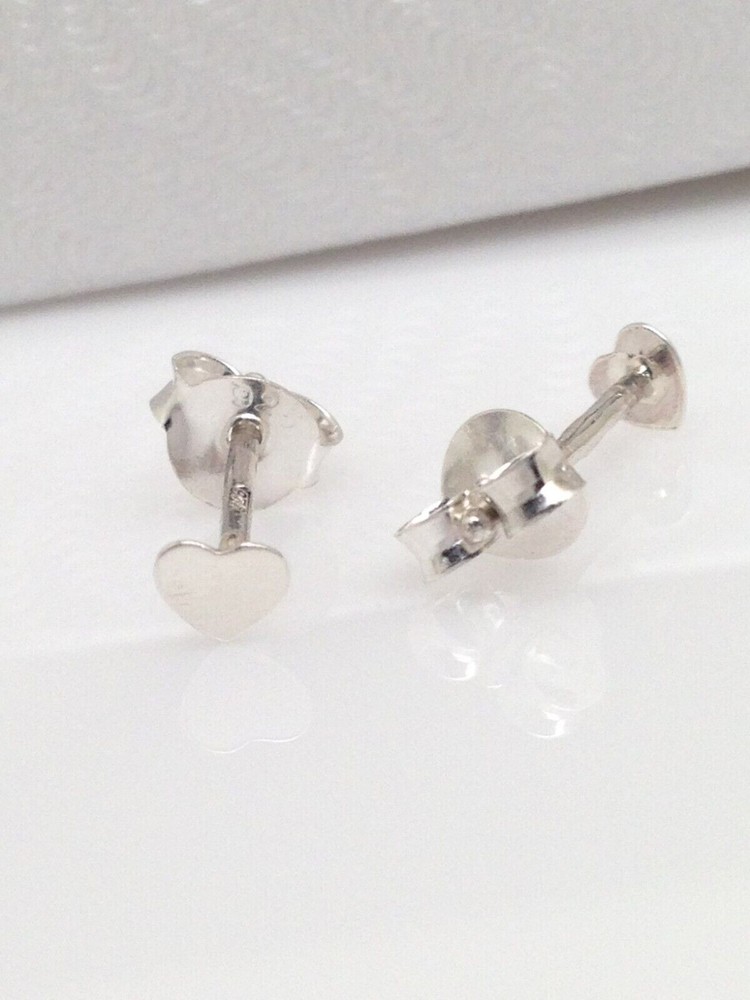 925 Sterling Silver THIN Heart Stud Earrings Dainty Mini Plain Studs 3.5mm