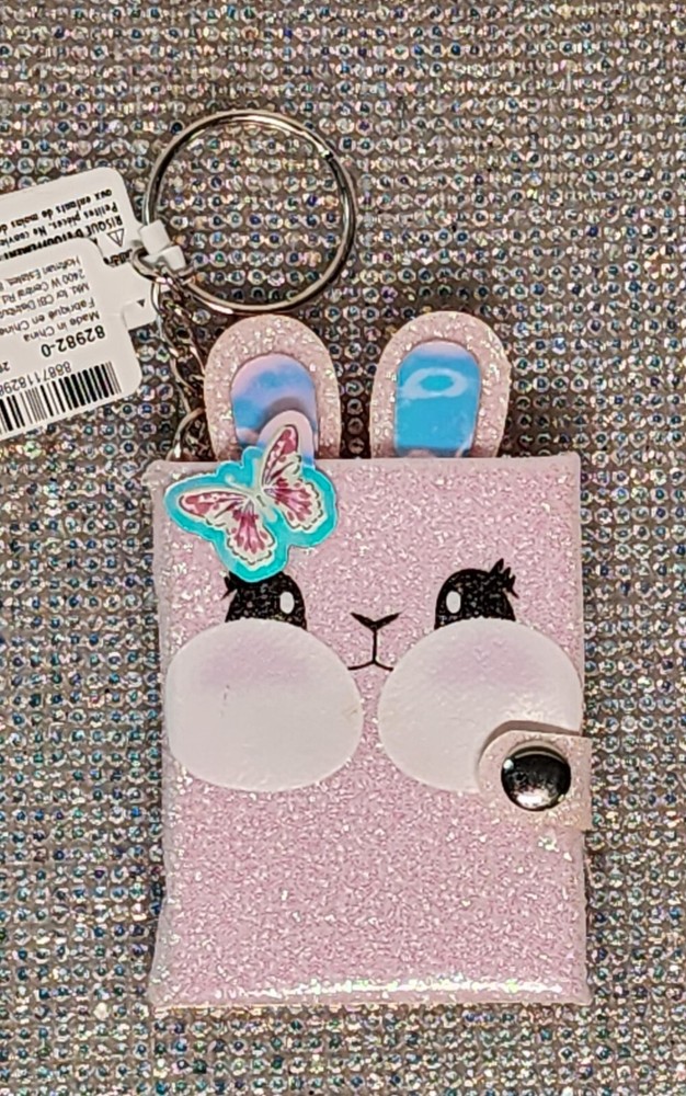 Glitter Pink Bunny Butterfly Mini Diary Notebook Keychain Keyring NWT