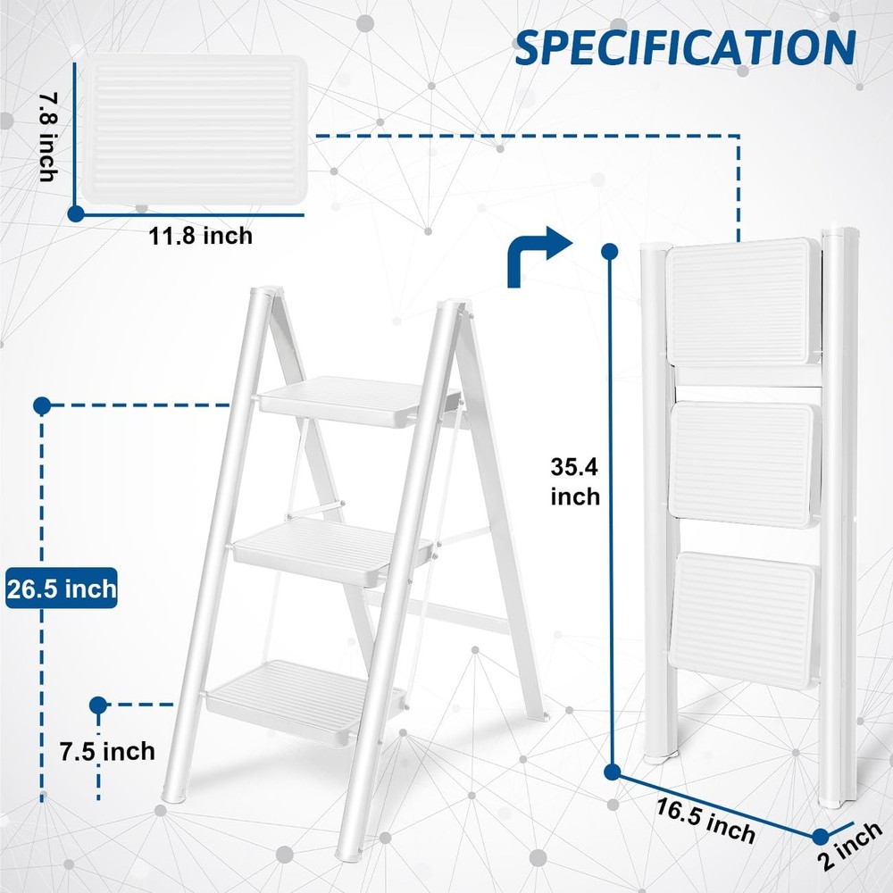 Double Elite Step Ladder 3 Folding, Sturdy 330 Lbs Load 3-Step, White