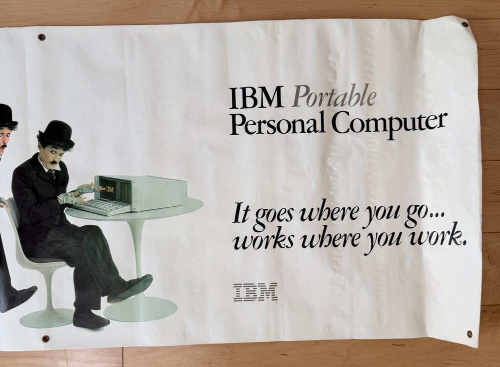 Two large early IBM computer PC personal computer trade show posters, Chaplin