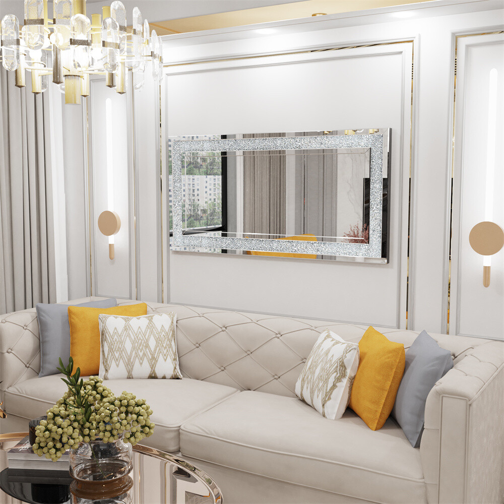 Crystal Crush Diamond Rectangle Silver Mirror for Wall Decor HD Frameless Mirror