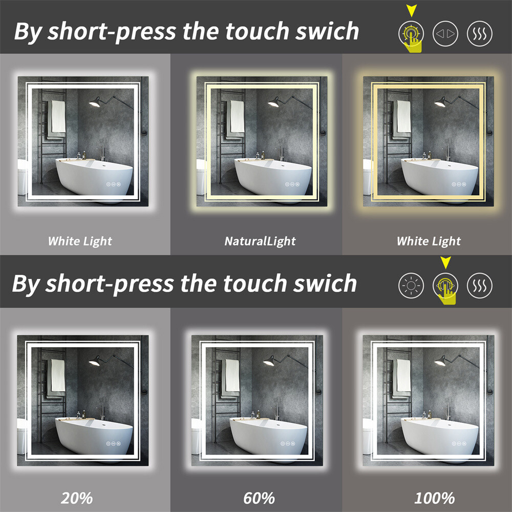 32x32" Square Led Bathroom Mirror Frameless Defogger Memory Touch Wall Mirror L