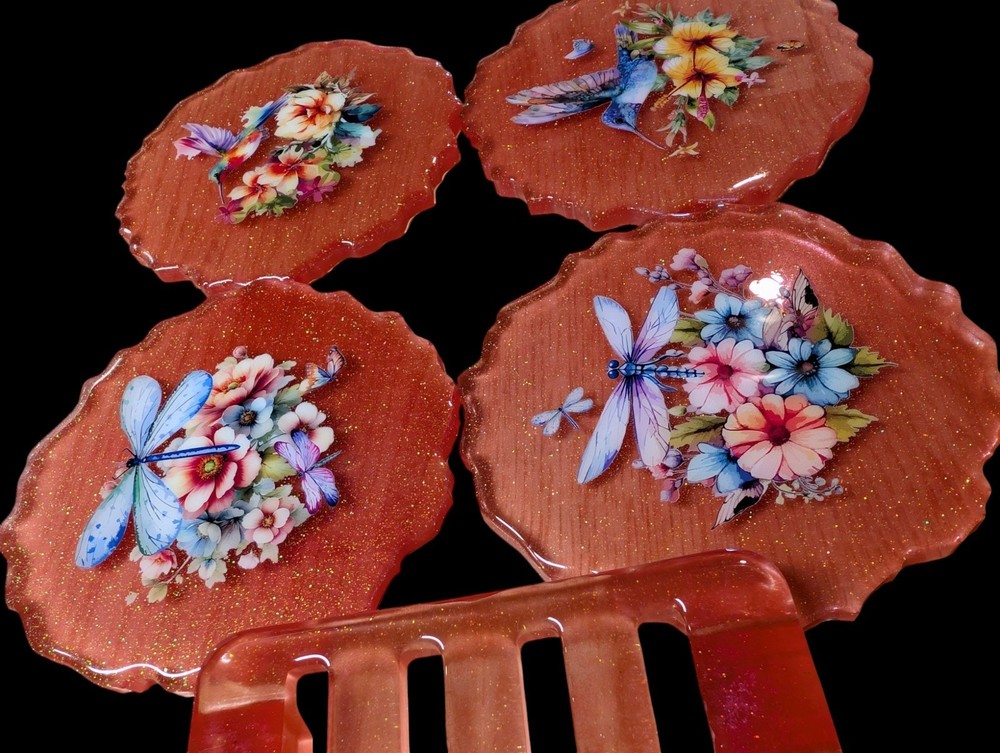 Sparkly Peach Spring 4pc. Coaster set with Holder