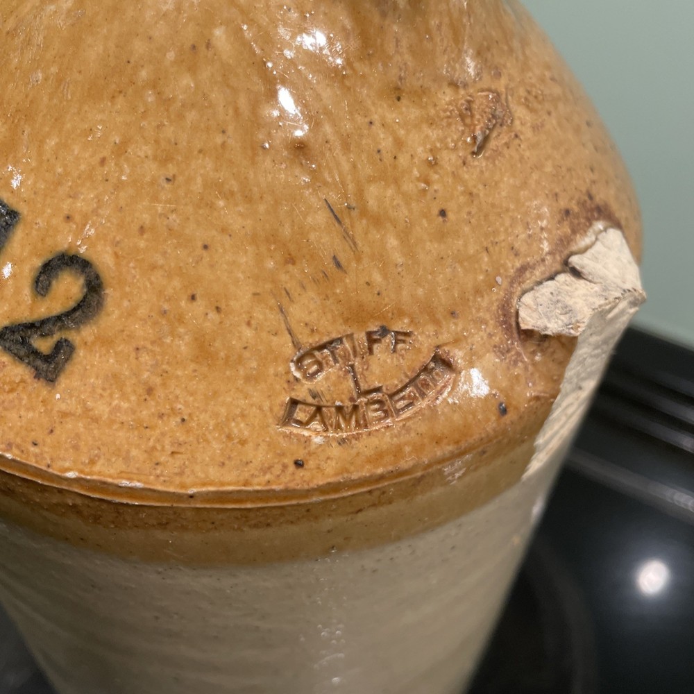 stoneware flagon. White Bros. Ginger Beer. Broken Handle