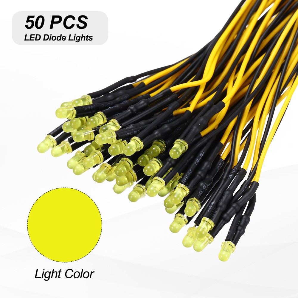 50pcs 3mm LED Diode Lights, Yellow Light DC 12V for Electronics