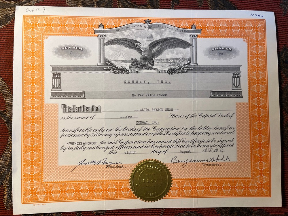 1947 Conway Incorporated 1 Share Stock Certificate
