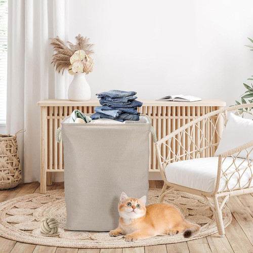 Collapsible & Stackable large Laundry Hamper with Drawstring - Large, Beige
