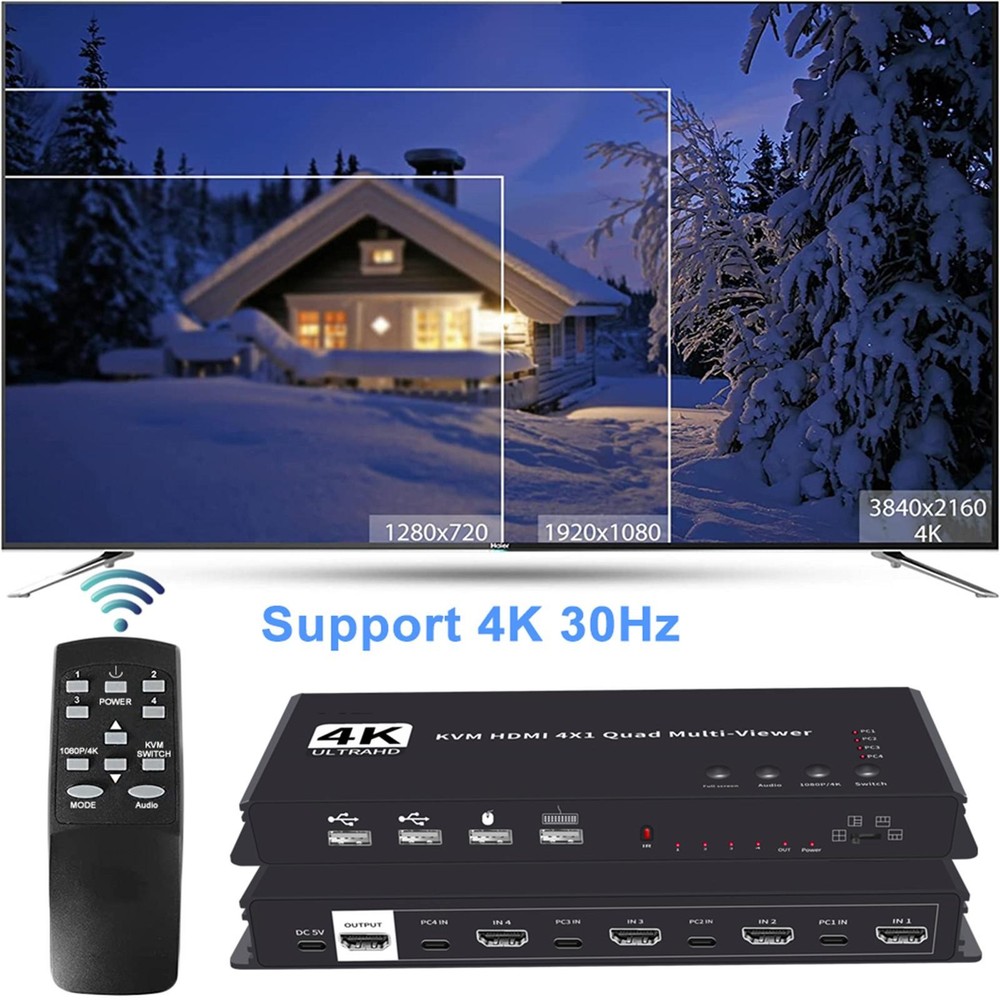 Hotkey 4K 4x1 KVM HDMI Quad Multi-Viewer Display Switch Vedio Wall Controller a