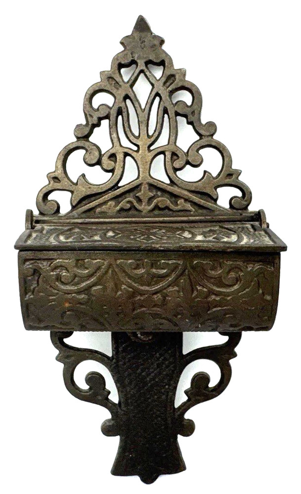 Antique Victorian Cast Iron Wall Mount Match Safe Holder Scroll