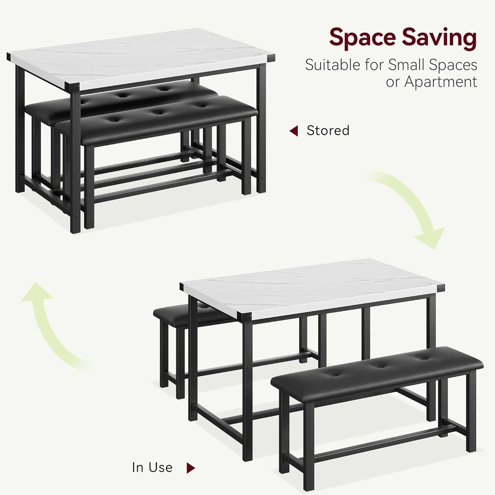 Dining Table Set for 4, Kitchen Table with 2 Upholstered Benches Apartment
