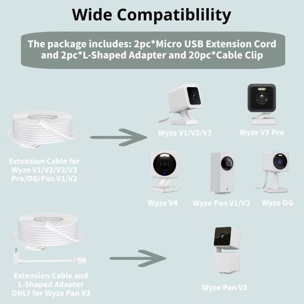 Micro USB Camera Extension Cable for Wyze, [2-Pack, 30ft] Power white